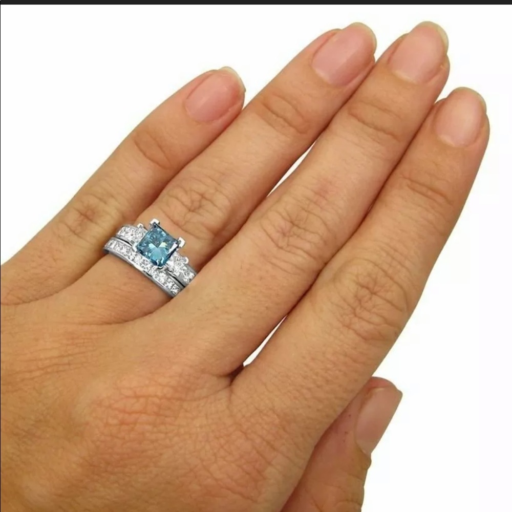 New Princess Cut Aquamarine  Set 925 Silver Ring - Picture 4 of 7